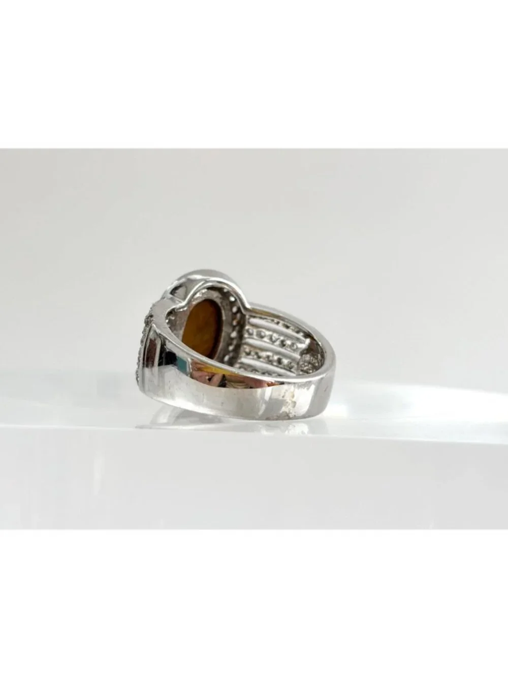 Genuine Tiger's Eye Gemstone Open Shank Sterling Silver 925 Vintage Ring - sz 8